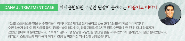 극심한 스트레스를 받은 뒤 수면리듬이 깨져서 잠을 제대로 들지 못하고 있는 30대 남성분의 치료 이야기입니다. 수면 장애가 심하여 잠 자체를 들지 못하는 날이 허다하며, 잠을 자더라도 3시간 정도 수면을 하면 깬 뒤 다시 잠들기가 곤란한 상태로 래원하였습니다. 스트레스 검사기 상 상당한 교감신경 항진 양상을 나타내었으며, 심계항진이 심한 상태였습니다. 장기간의 스트레스에 따라 목과 어깨의 긴장 및 삐뚤어짐 역시 심한 상태였습니다.